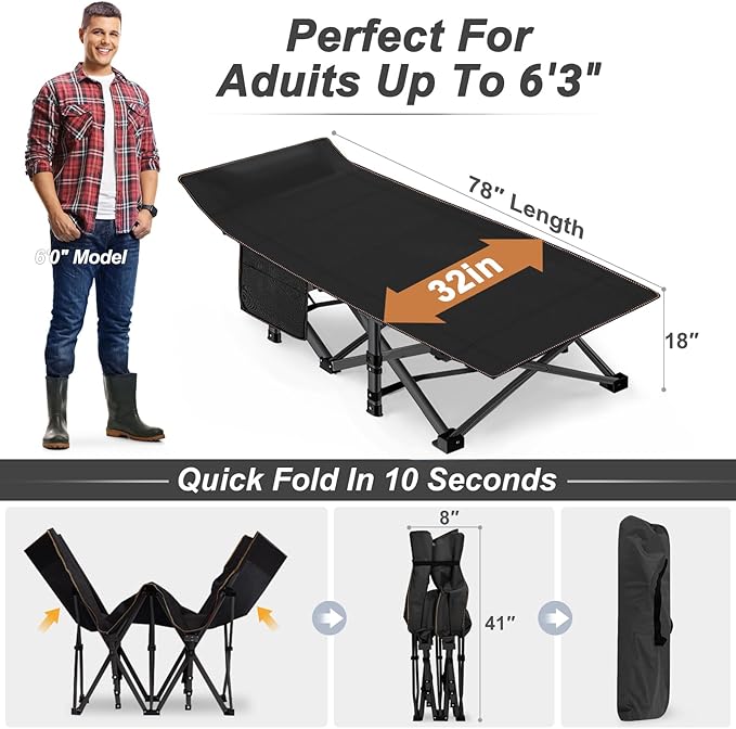 ABORON 2PK XXL Camping Cot for Adults 900LBS - 78"×32" Oversized Folding Bed with Mattress Pad, Heavy Duty 1200D Oxford Outdoor Cot with Carry Bag
