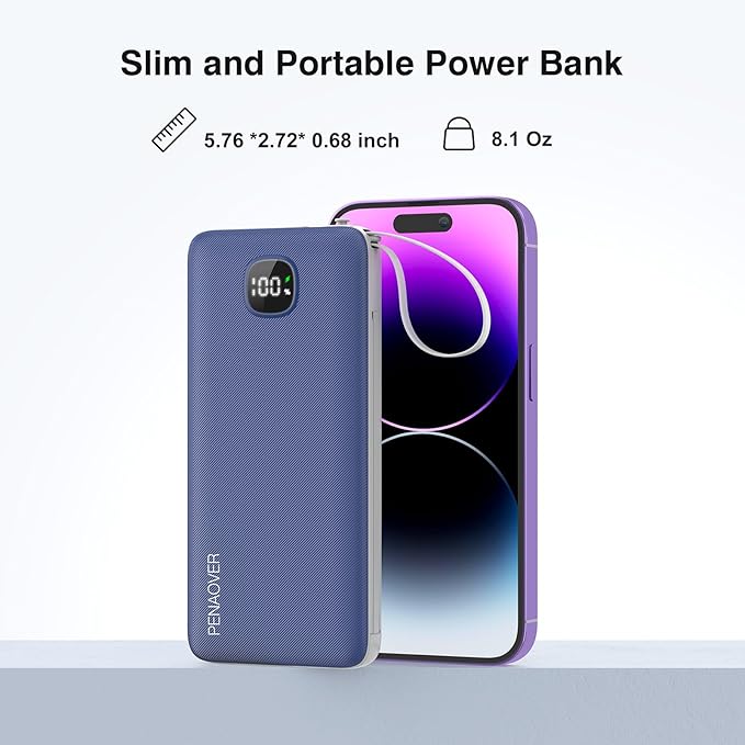 penaover Portable Charger with Built-in Cables&AC Wall Plug,Slim 10000mAh 22.5W Fast Charging Power Bank,5 Output 2 Input USB-C External Battery Pack Compatible with iPhones,Samsung,Android, etc
