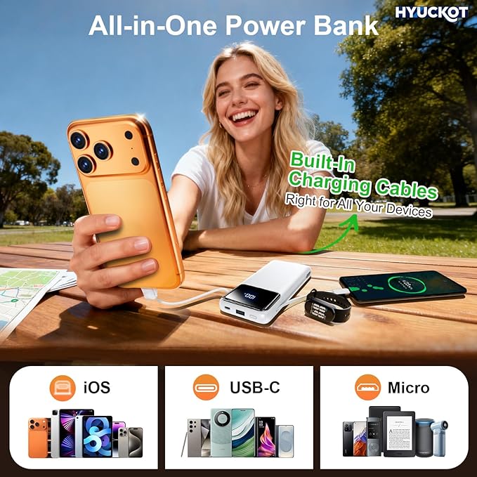 Portable Charger Power Bank with Built-in Cables and Wall Plug, 10000mAh Slim USB-C Battery Pack, Fast Charging Travel Essential Portable Phone Charger Compatible with iPhone, Samsung (Snow)