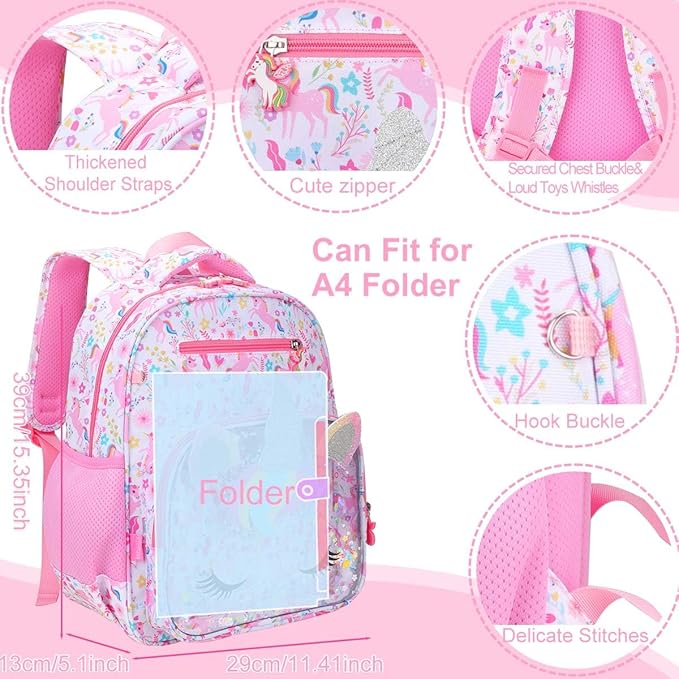 RHCPFOVR Kids Backpack for Girls - Unicorn Girls Backpack Ages 5-8, 15 Inch School Bookbag for Kindergarten Elementary School 1st 2nd Grade