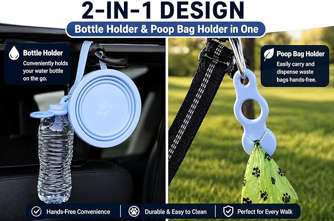 2-in-1 Travel Dog & Cat Bowl – Collapsible BPA-Free Silicone & 18/8 Stainless Steel, Portable & Non-Slip with Handle, Easy to Clean, Food & Water Bowl for On-the-Go Pets, Bottle/PoopBag Holder