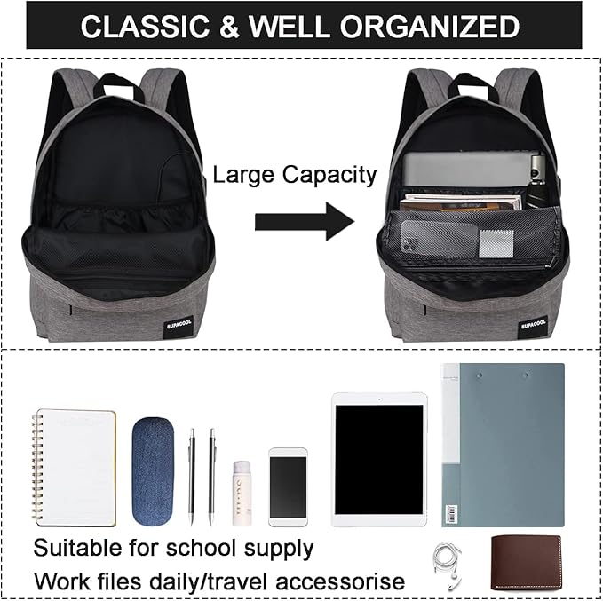 SUPACOOL Casual Laptop Backpack for Men and Women, Backpack for College, USB Charging Port, Lightweight Pack Back(Light grey)