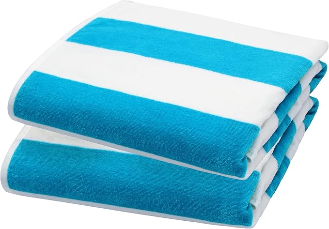 COTTON CRAFT Oversized Beach Towel - 2 Pack 35 x 70 inches XL Beach Towel - 100% Cotton Velour - Big & Huge - Thick Plush 450 GSM Super Soft Luxury Towel - Pool Picnic Bath - Cabana Stripe Aqua