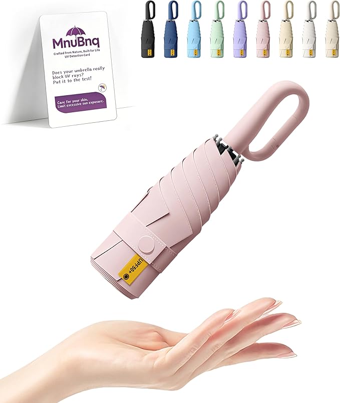 Mini Travel Umbrella with Carabiner Handle UPF 50+ Sun & Rain Protection Portable Manual Open Close Windproof Umbrella Small Compact Portable Parasol for Commuter Kids Women Men