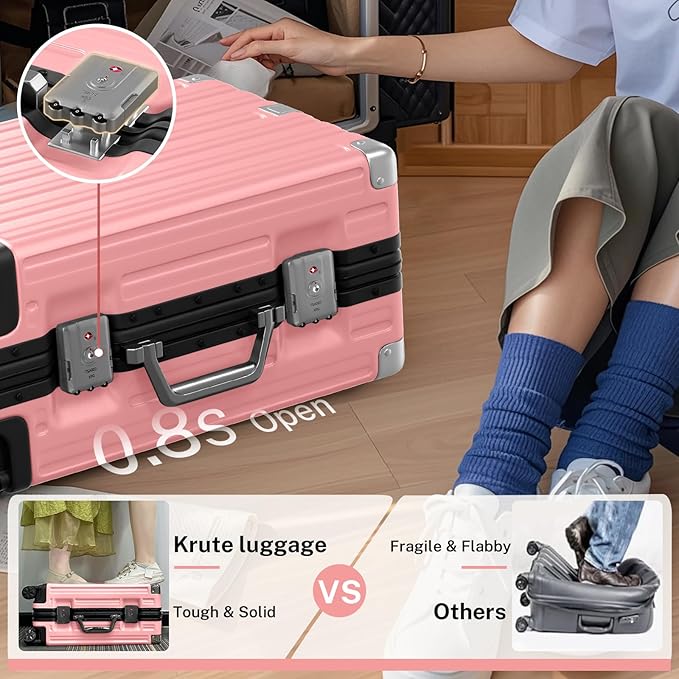 Krute Carry On Luggage 20 inch Aluminum Frame Luggage with Spinner Wheels Hardshell No Zipper PC+ABS TSA Lock Zipperless Suitcases Pink
