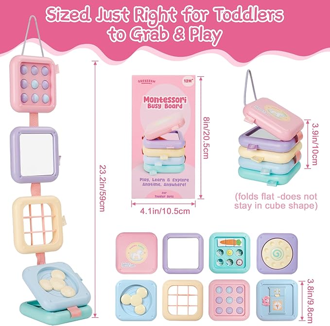 GRESEESM Montessori Toys for 1 Year Old Girls Gifts, Toddler Busy Board, Baby Learning Travel Sensory Toys for Toddlers 1-3, 1st Birthday Gifts, Easter Basket & Stocking Stuffer, Macarons