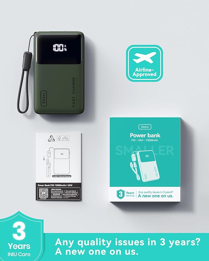 INIU Ultra Compact Portable Charger, 10000mAh 45W Fast Charging Power Bank with Detachable USB-C Cable & Stand, Flight-Safe Travel Battery Pack for Business Trip, Hiking, Cycling, Outdoor, Green