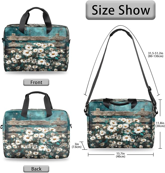 Vintage Daisy Wooden Board Laptop Bag 16 Inch, Slim Business Briefcase for Men Women, Shoulder Bag with Handle & Detachable Strap, Work Office Computer Messenger Bag