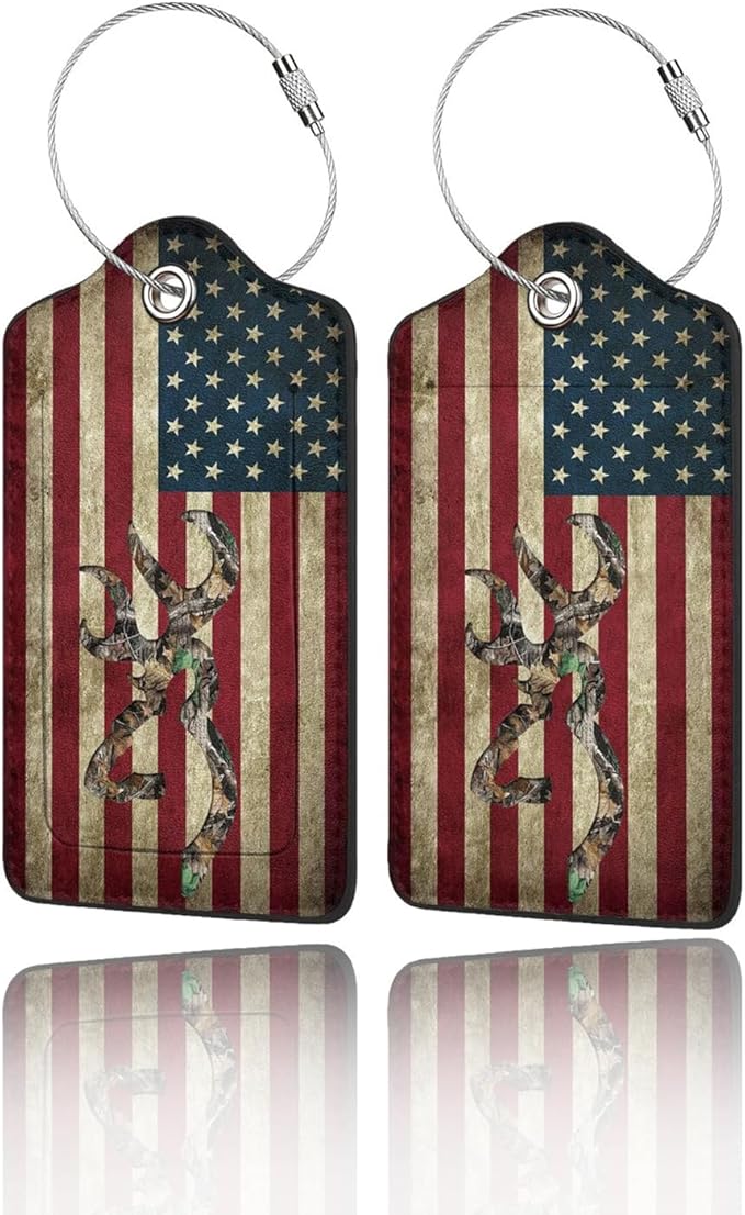 GACCAP 2 Pack Luggage Tags for Suitcase, Privacy Cover ID Label with Stainless Steel and Address Card for Travel Bag Backpack Cruise Ship Essentials Tag Women Men - Camo Deer American Flag