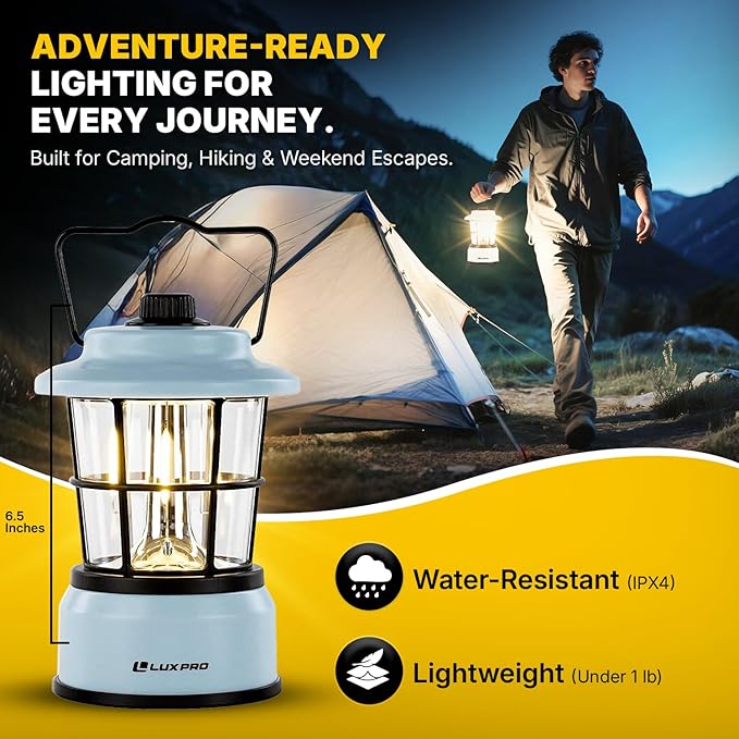 LUXPRO Retro LED Lantern - Battery-Powered Emergency Lantern - Water Resistant - Bright LED Lamp for Indoor & Outdoor Use - Use for Tents, Hiking or Hurricane Prep (Blue, Pack of 1)