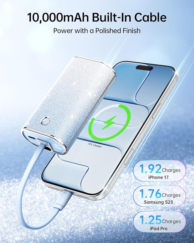 iWALK Sparkly 10000mAh Portable Charger, 22.5W Fast Charging Small Power Bank with Built-in USB-C Cable, Diamond Glitter Ultra-Compact Battery for iPhone 17/17 Pro/16/16 Pro/15, Samsung,ShinyBlue
