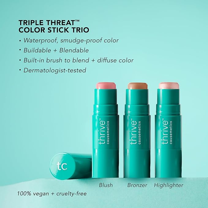 Thrive Causemetics Triple Threat Color Stick Mother's Day Makeup Gift Set for Women: Blush, Highlighter, Bronzer & Contour Stick, Waterproof Smudge Proof Face Makeup Formula, 3 Shades (Fair)
