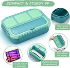 QQKO Bento Box for Kids Adults, School Toddler Lunch Box for Boys Girls, Lunch Box Containers with 4 Compartments, Sauce Container, Utensils, Food Picks and Muffin Cups for School, Green