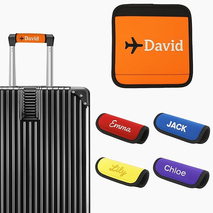 4 Pack Personalized Luggage Handle Wrap with Embroidered Name Custom Soft Grip Handle Cover for Suitcase, Travel Bag Machine Washable Luggage Identifier for Airplane, Cruise, Road Trip