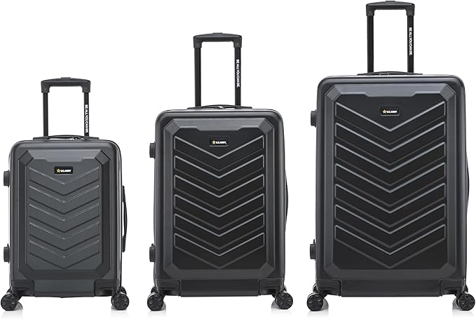 US ARMY FOX 3 Pcs Set Hardshell Luggage with Spinner Wheels | 20, 24, 28 inch Lightweight Travel Suitcase, Chevron Icon, Gel Handle, Retractable Trolley, Side Studs | Black