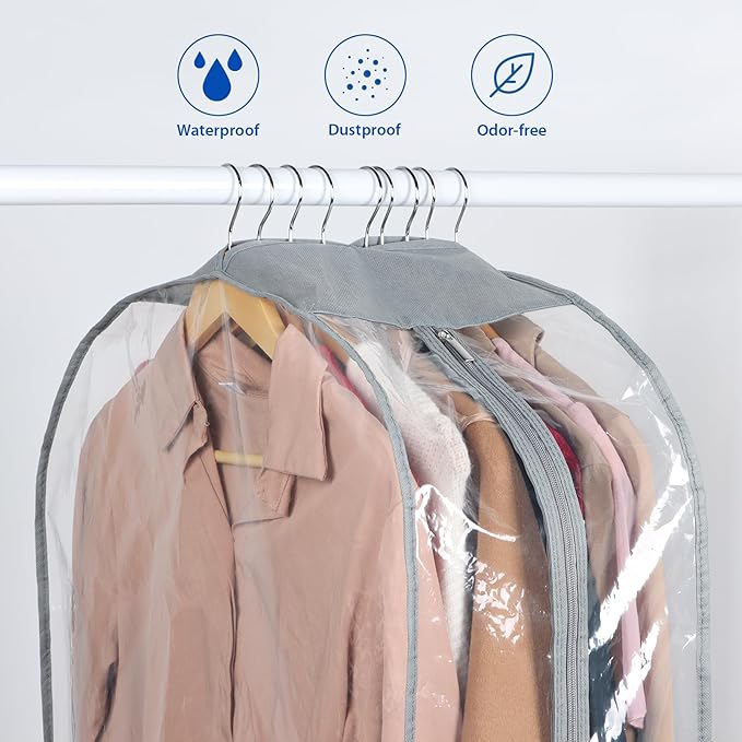 Zilink Breathable Garment Bags for Fur Coat 43” Suit Bags for Closet Storage Clear Leather Jacket Covers for Hanging Clothes with 10" Gussted Wrinkle Free for Leather Jacket, Fur Coat, Dress, Set of 4