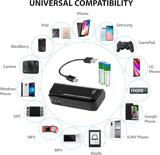 Portable AA Battery Travel Charger for Samsung Galaxy J7 (2018) and Emergency Re-Charger with LED Light! (Takes 2 AA Batteries) [Black]