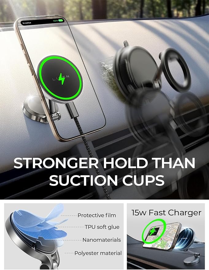 LISEN Magsafe Car Mount Charger, 15W Fast Charging Magnetic Wireless Car Charger [Mini & Fast Charging], Magnetic Car Phone Holder Dashboard Gifts for iPhone 17 Pro Max Air 16 15 14,Samsung