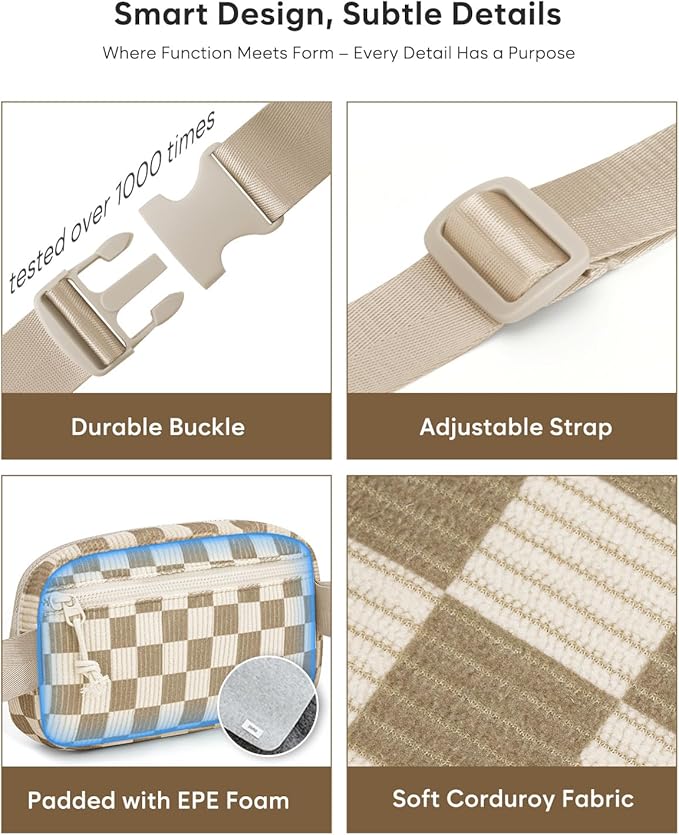 Pritent Fanny Packs for Women Cross Body Bag Waterproof Belt Bag with Adjustable Strap and Zipper Back Pocket Small Crossbody Bags Fashion Waist Packs for Workout Travelling(Checkered Khaki, Large)