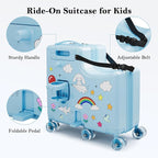 Ride on Suitcase for Kids, Hard Shell Kids Luggage with Belt, Foldable Pedal & Front Grab Handles, Hidden Cup Holder, TSA Lock, 6 Spinner Wheels, Kids Carry on Suitcase for Travel, Blue