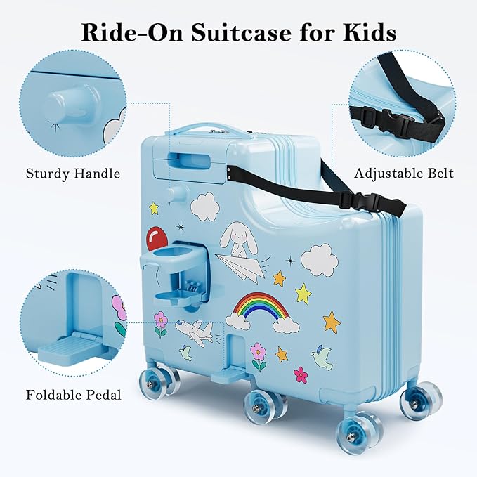 Ride on Suitcase for Kids, Hard Shell Kids Luggage with Belt, Foldable Pedal & Front Grab Handles, Hidden Cup Holder, TSA Lock, 6 Spinner Wheels, Kids Carry on Suitcase for Travel, Blue