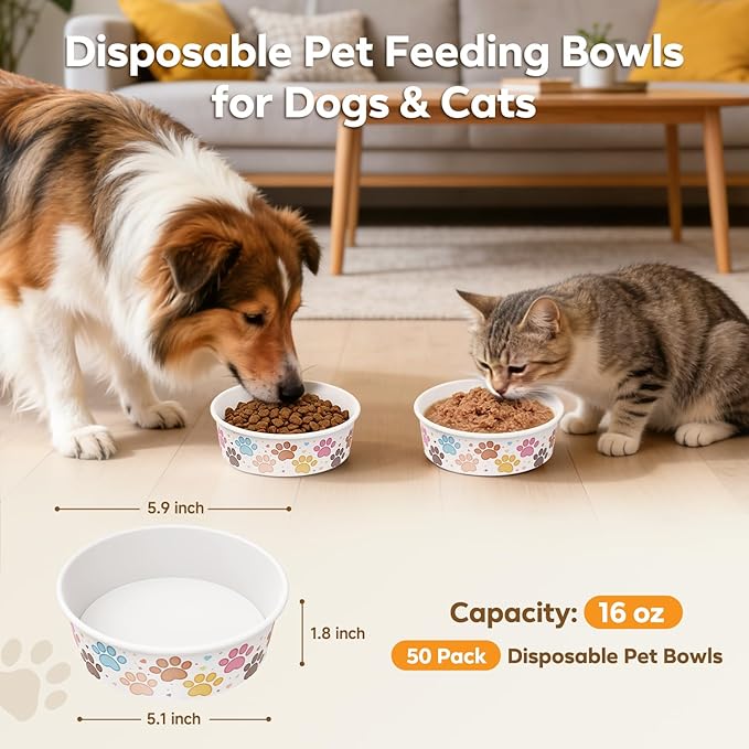 50 Pack Disposable Dog Bowls, 16 oz Paper Pet Bowls for Cats & Dogs, Disposable Cat Food Bowls for Dry Wet Food & Water, Travel Feeding Bowls for Small Medium Pets
