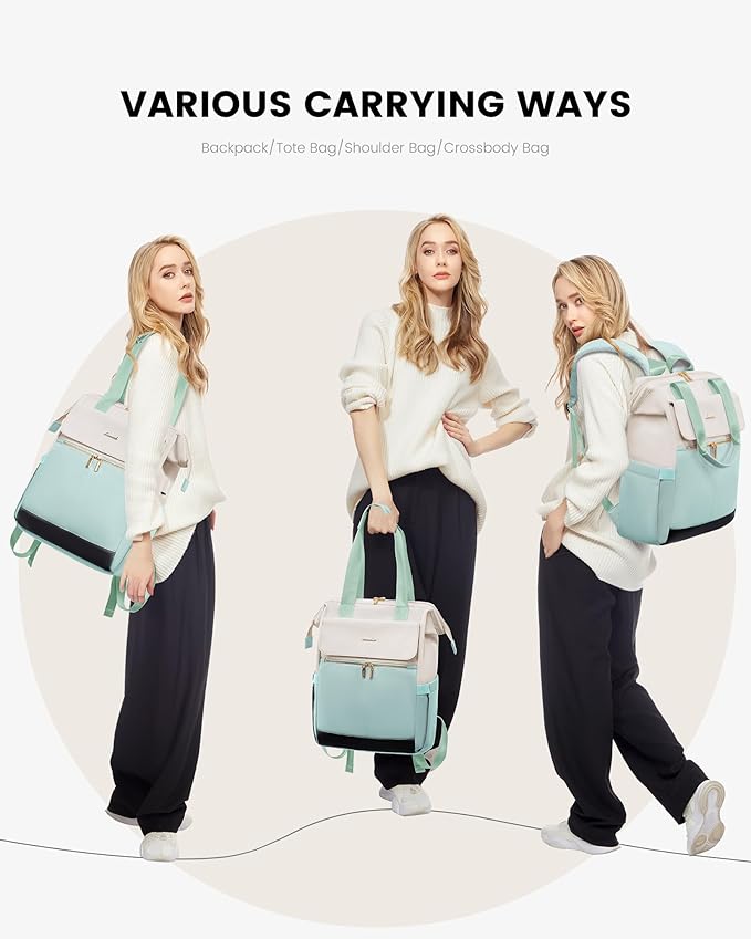 LOVEVOOK Laptop Backpack for Women, 15.6 Inch Work Laptop Bag with USB Port, Fashion Teacher Nurse Backpack Purse, Waterproof Travel Computer Backpack with Organizer Bag, 2PCS, Beige-Mint Green