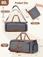 Lekesky Foldable Travel Duffel Bag for Women, 60L Large Duffle Bag with Separate Shoes Compartments & Straps, Carry On Weekend Bag for Women, Hospital, Overnight(Grey)