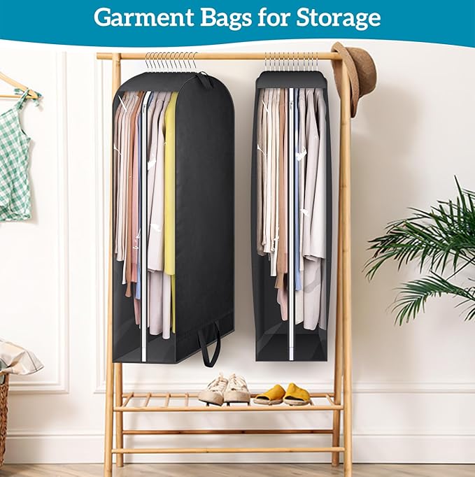 KIMBORA 10" Gusseted Clear Garment Bags for Hanging Clothes Storage, 43" Suit Bags for Closet Storage with Handles, Garment Covers for Coats, Jackets, Sweaters (2 Packs, Black)