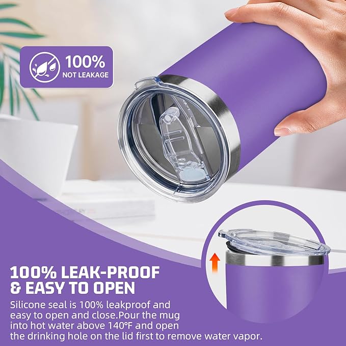 20 oz Tumbler with Lids and Straws, Stainless Steel Insulated Travel Coffee Mug, Double Wall Vacuum Insulated Tumblers, Powder Coated Coffee Tumbler for Cold & Hot Drinks (Purple)