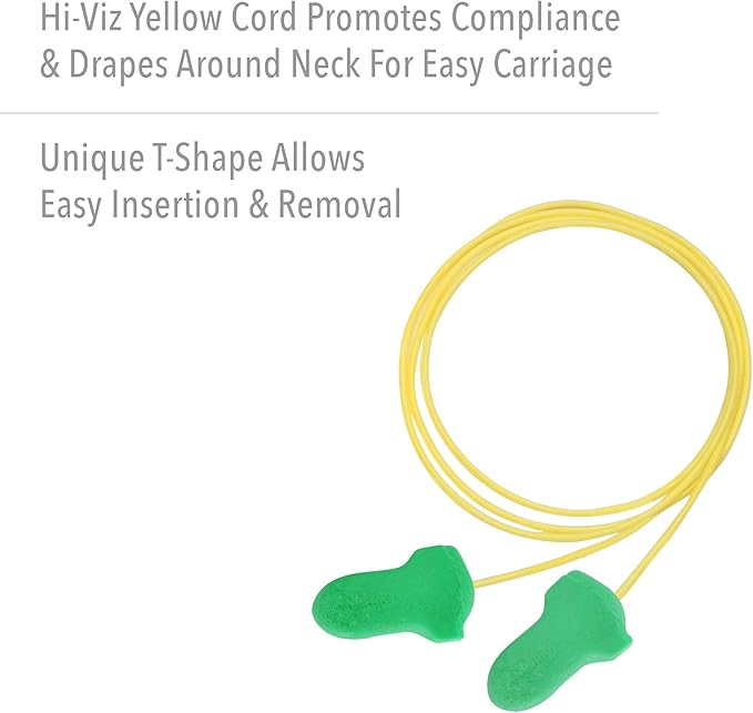 Howard Leight by Honeywell Maximum Lite Low Pressure Corded Disposable Foam Earplugs, Box of 100 Pairs (LPF-30) ,Green