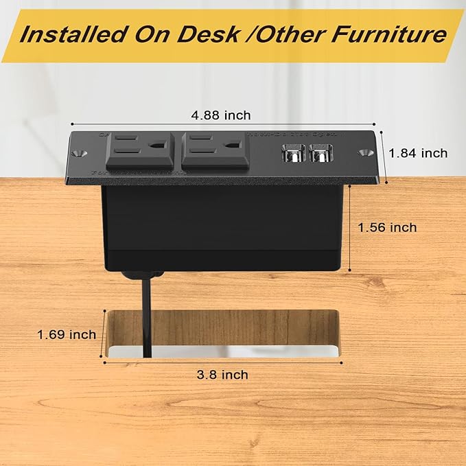2-Pack Recessed Power Strip Desktop Power Grommet Conference in Desk Outlet Power Socket 2 Outlets &2 USB Ports 10 FT Extension Power Cord, ETL Listed