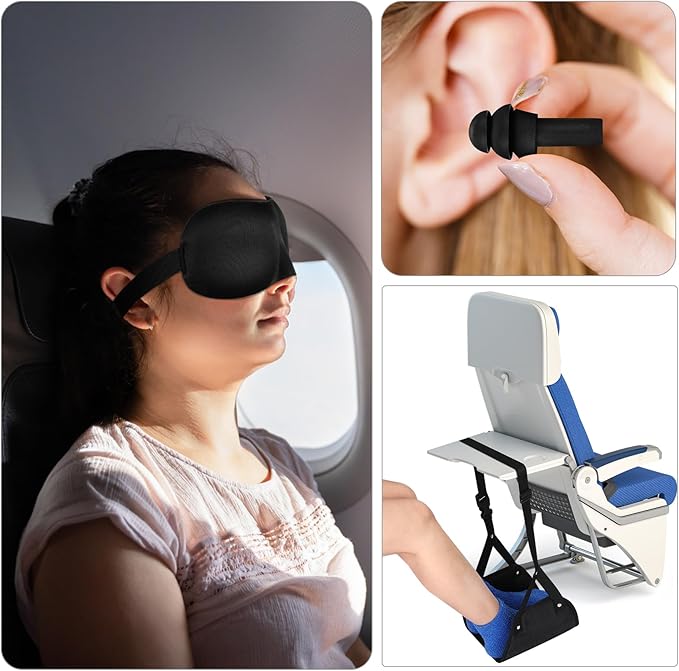 Yerliker Airplane Foot Hammock(Memory Foam) with Earplugs and Eye Mask Travel Necessities Adjustable Airplane Desk Foot Rest for Long Trip Pain and Swelling Relief(Black)