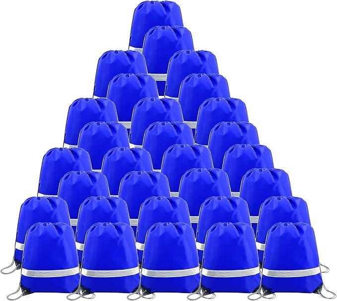 BeeGreen 30 Pieces Royal Blue Drawstring Backpacks Bags Bulk Reflective Cheap Gym Sack Pack Sports Cinch Bag