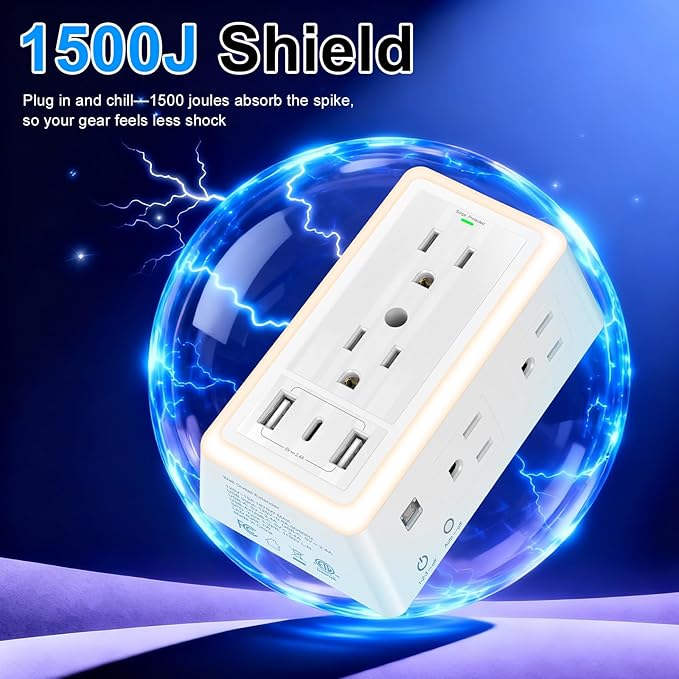 Wall Outlet Extender with USB Charging Ports 9 in 1 Plug Extension Block Multiple AC Outlets Splitter Power Hub Wall Tap 1500J Surge Protection Night Light Dusk to Dawn Sensor Switch ETL Listed
