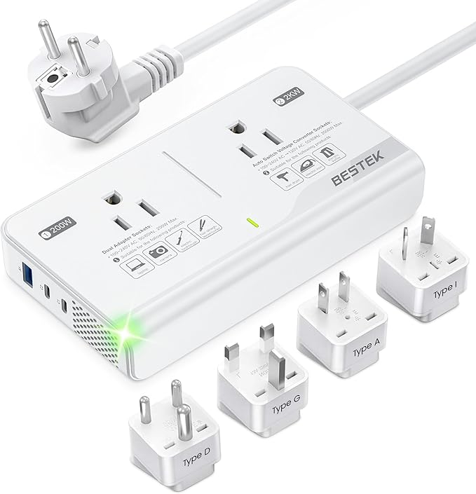 BESTEK 220V to 110V Voltage Converter US to Europe, 2000W Universal Travel Adapter with 2 USB C Ports & 1USB-A Port, International Travel Adapter for Hair Straightener