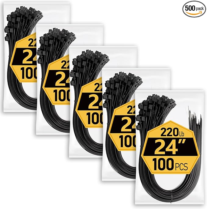Large Zip Ties Heavy Duty 24 inch (500 Pack), 220 lb Tensile Strength for Outdoor Use, Black Cable Ties, Long Wire Ties by ANOSON