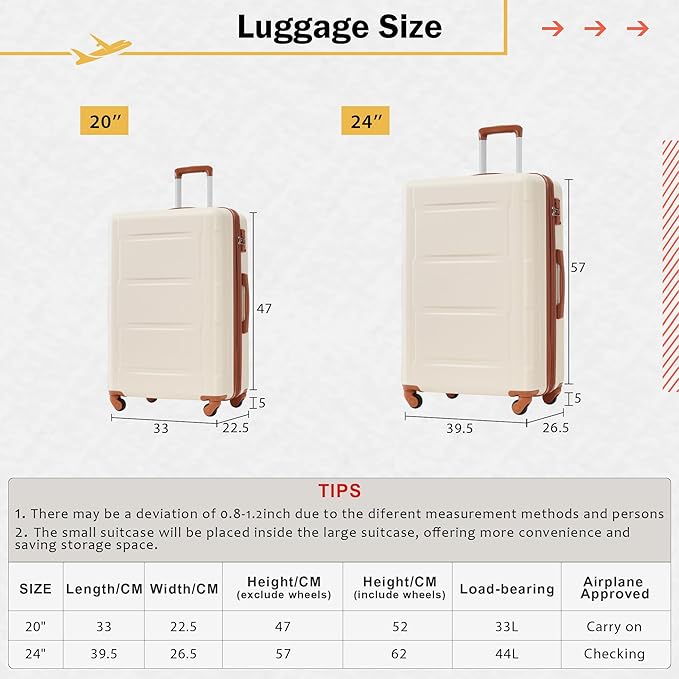 2 Piece Luggage Sets with Bags, Lightweight ExpanableCarry on Luggage Sets, Hardshell ABS Spinner Wheels Suitcase with TSALock,for Women Men, 20 IN & 24 IN, Khaki+Brown