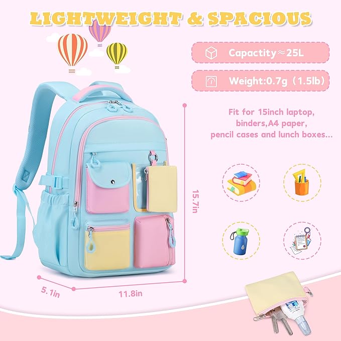 Kids Backpack, Backpack for Girls for Elementary School Multiple Pockets Ages 6-10(Blue)