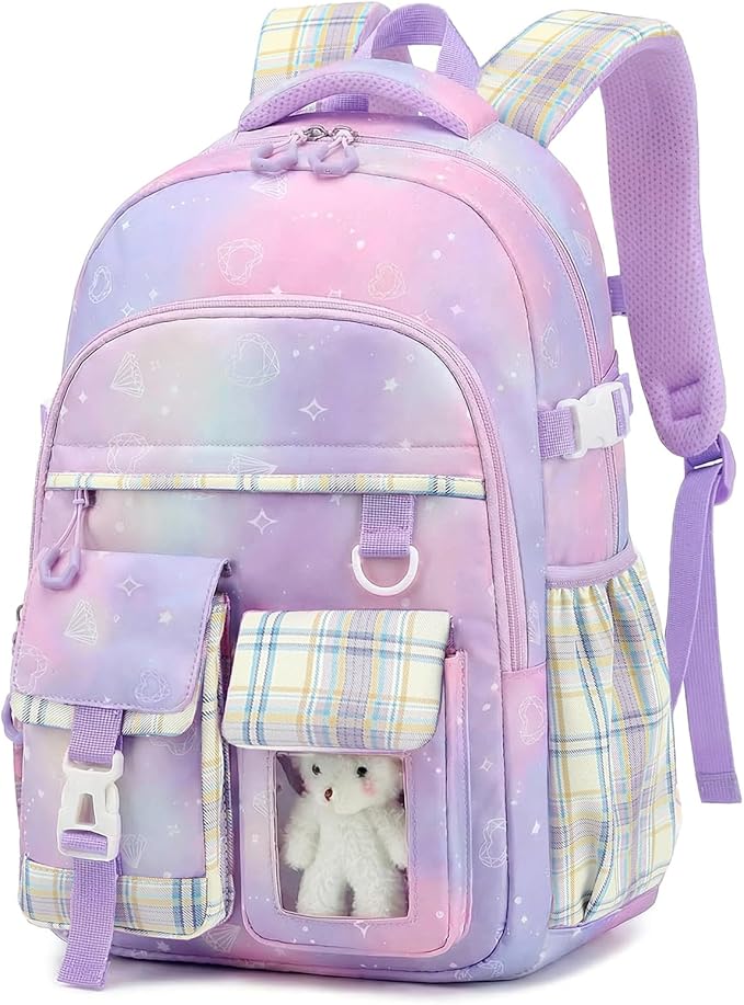 PRLINJSK Girls Backpack，Cute School Backpack for Girls Kids Teens，Kawaii Bookbag for Primary Elementary
