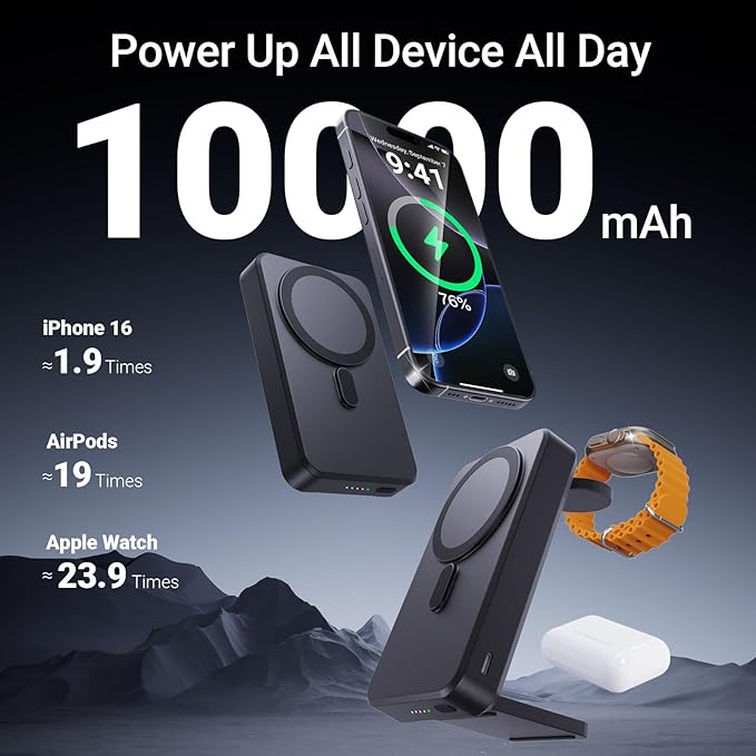Kysson 5-in-1 Portable Charger, 10000mAh Foldable Power Bank Fast Charging,MagSafe Charger Battery Pack Magnetic,Travel Wireless Charging Station for iPhone 17/16/15/14/13/12,iWatch, Air pods, Black
