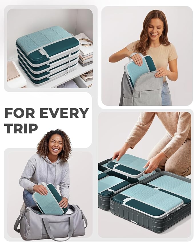 Percover Compression Packing Cubes 4-Piece Set, Packing Cubes Compression for Travel with Label Pockets, Travel Organizer for Carry On & Checked Luggage, Peacock Green