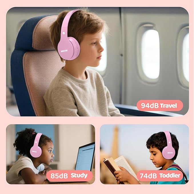 MIDOLA Kids Headphones Bluetooth 5.4 Wireless 68H Play Time Volume Limit 85/94dB Over-Ear Foldable Headset,Type-C Fast Charging,with Wired Aux Mic for Toddler Child Pad Tablet Pink
