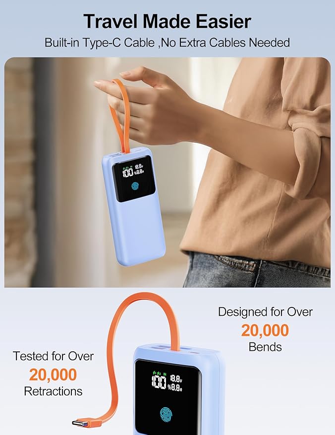Laptop Power Bank, 24000mAh 65W Fast Charging Portable Charger with Built-in Cable, USB C Battery Pack with LED Display, Travel Essential External Battery Bank for Macbook/Notebook/Tablet/Phone Blue