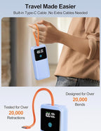 Laptop Power Bank, 24000mAh 65W Fast Charging Portable Charger with Built-in Cable, USB C Battery Pack with LED Display, Travel Essential External Battery Bank for Macbook/Notebook/Tablet/Phone Blue