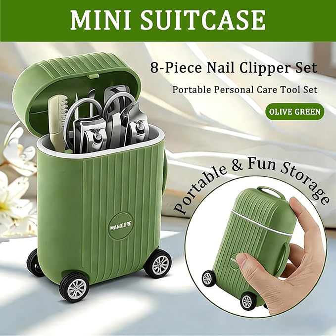 8-Piece Manicure Set in Mini Suitcase, Cute Travel Nail Clipper Kit with Stainless Steel Tools, Portable Grooming Care for Car Console, Office Desk Decor & Unique Gift, Olive Green, 3.9"