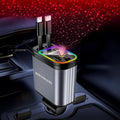 BERTHALESS Retractable Car Charger, 4 in 1 Fast Charging Car Charger USB-C & USB-A Compatible with iPhone 16/15/14/13/12/11,Galaxy,Pixel,with Red Starry Sky Light