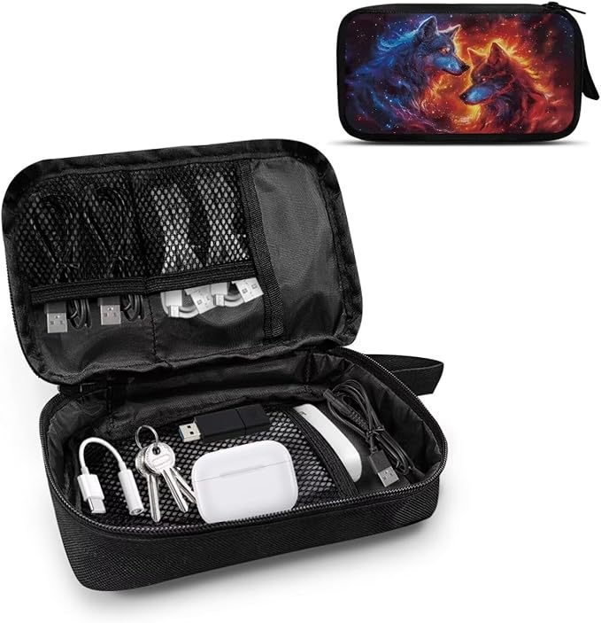 Galaxy Fire Wolf Print Electronics Organizer Travel Case, Water Resistant Cable Organizer Bag for Travel Essentials, Tech Gifts for Men, Storage Bag as Accessories for Phone, Cord