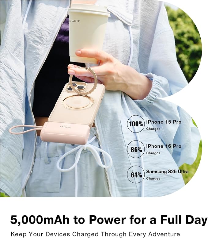 TORRAS 2-in-1 iPhone 16 Portable Charger, 5,000mAh 22.5W Mini Power Bank with Built-in USB-C Cable, Fast Charge Battery Pack, Travel Essential for iPhone 17/16/15, Galaxy S25, Google – Desert Titanium