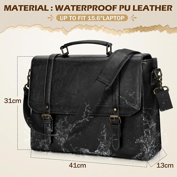 IGOLUMON Messenger Bag for Men 15.6 inch Vintage Leather Waterproof Laptop Briefcase for Men Large Computer Laptop Bag Leather Satchel Bag Retro Shoulder Bag for Office Business Travel College, Black
